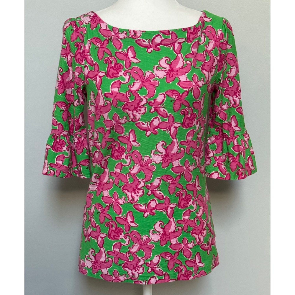 Lilly Pulitzer‎ Size M Flutter Belle Boatneck Top 3/4 Sleeve Pink Green Cotton